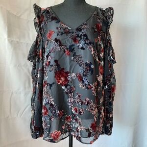 BHWM Tunic Top Black Dark Floral Velvet Burnout Womens Sz 12 Whimsigoth Witchy
